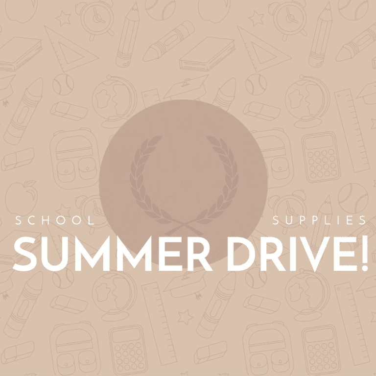 School Supply Drive featuring text in front of a school supplies cartoon backdrop