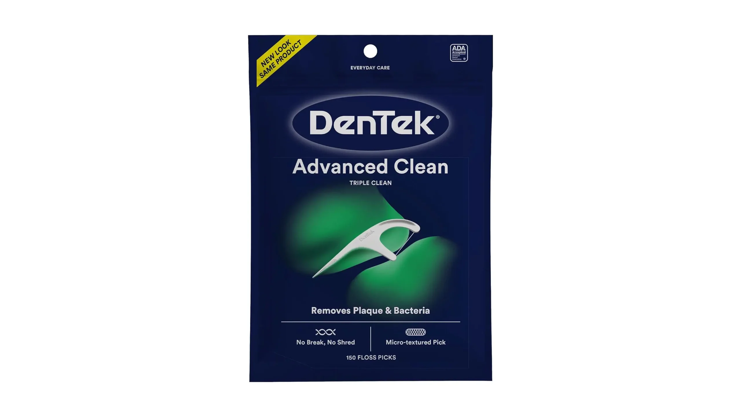 DenTek Triple Clean Floss Picks with built-in pick and tongue scraper, designed to remove plaque and food debris with fluoride-infused floss