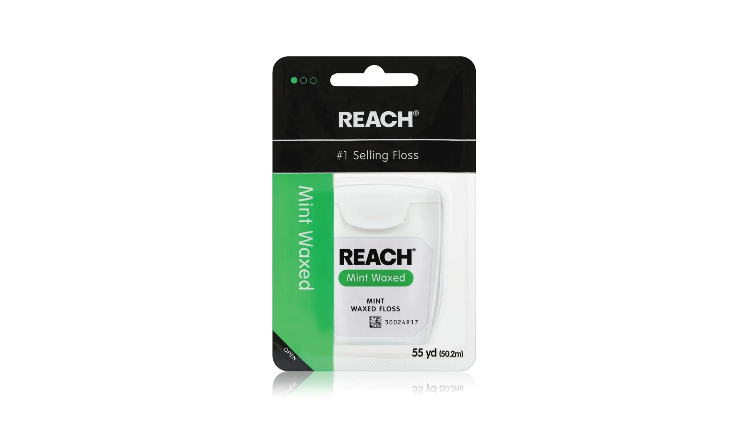 Reach Waxed Dental Floss in mint flavor, featuring a shred-resistant design and PFAS-free formulation for smooth flossing and deep cleaning
