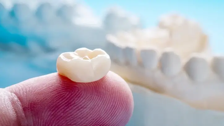 Zirconia Dental Crown Example Close-up photo of a zirconia dental crown, showcasing its strength, durability, and tooth-colored surface