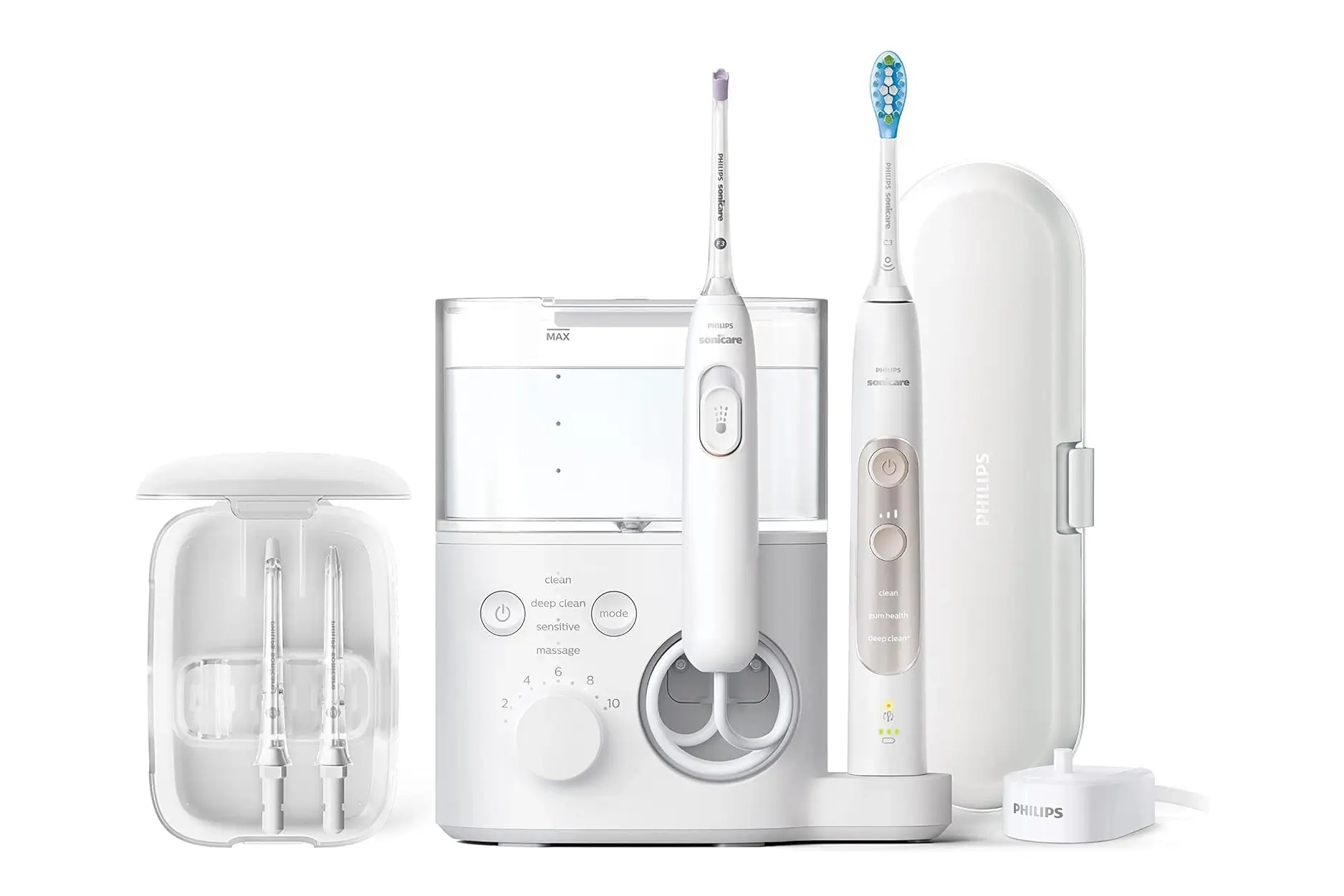 Philips Sonicare Power Flosser 7000 with Quad-Stream technology and ExpertClean 7300 toothbrush, shown with charging dock