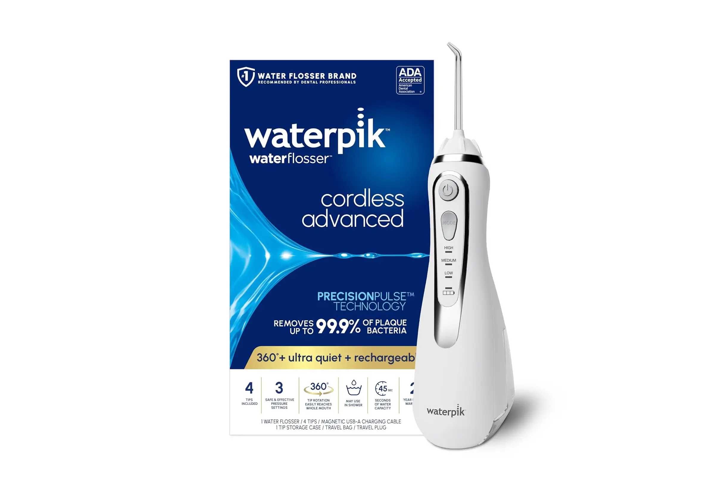 Handheld Waterpik Cordless Advanced 2.0 water flosser with travel case and tips, designed for portable dental care