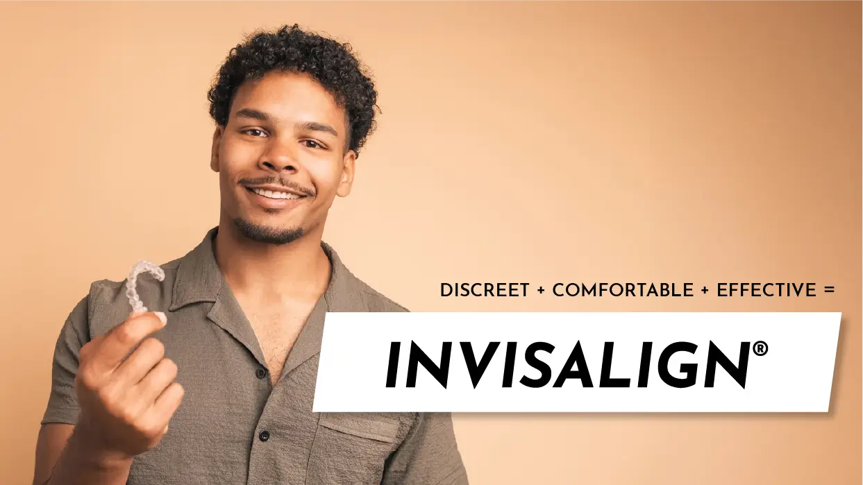Invisalign in New York – Happy Young Man with Invisible Braces - Midtown Dental Group 16x9 Happy young man smiling and showing his nearly invisible Invisalign clear aligners at Midtown Dental Group in New York.