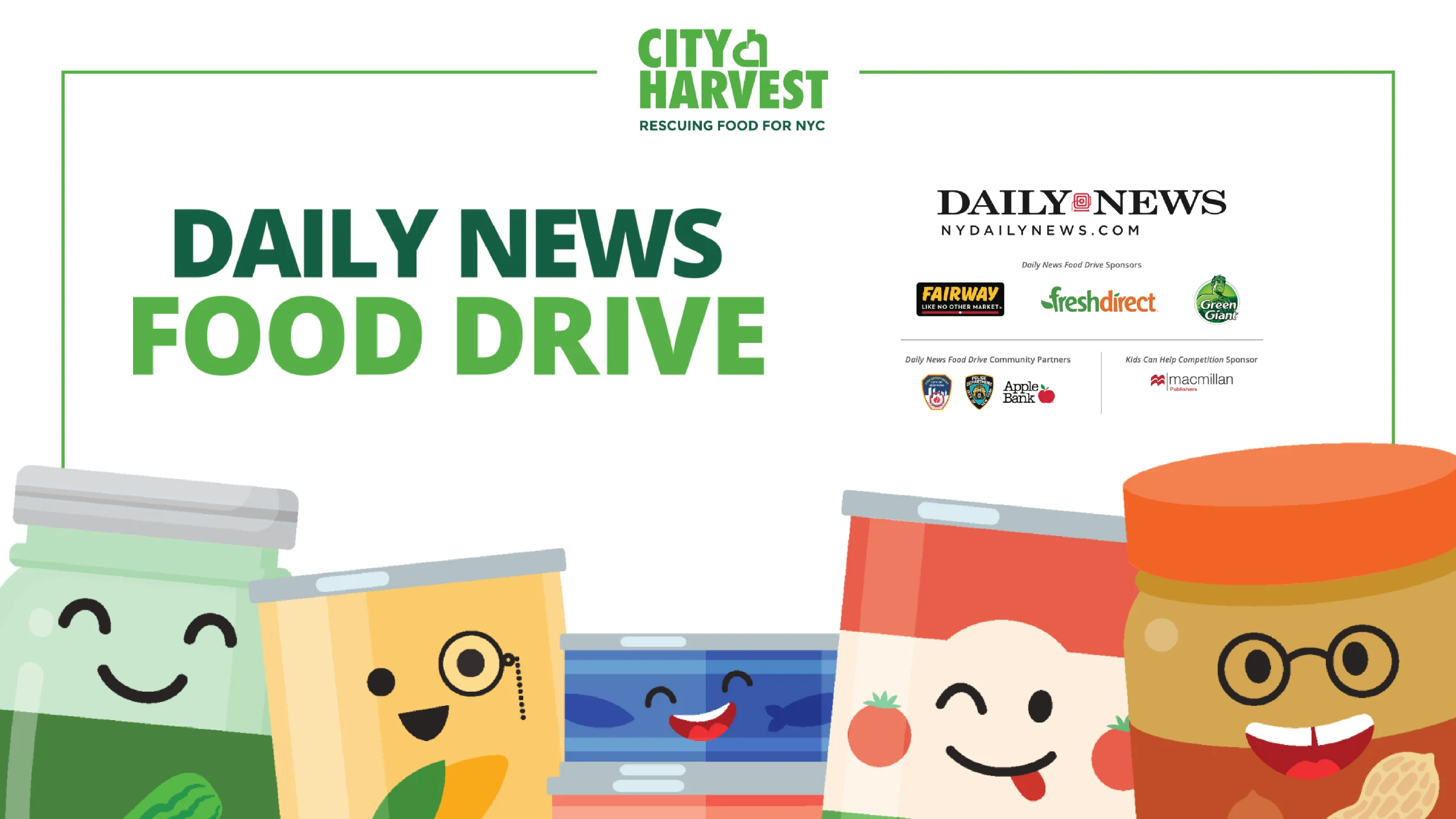 Poster promoting Midtown Dental Group’s Winter Hunger-Relief Food Drive in partnership with City Harvest and the New York Daily News Food Drive