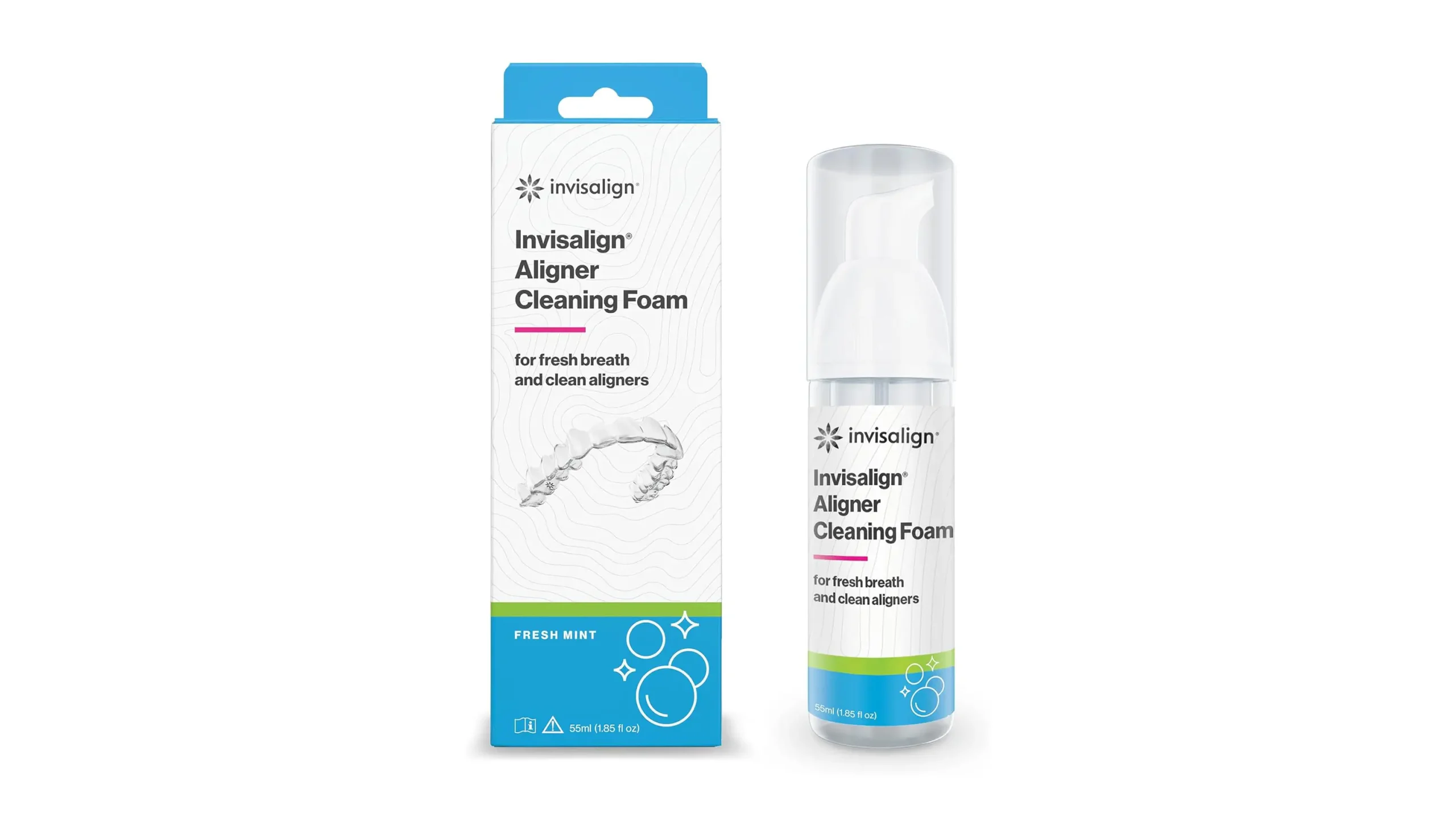Invisalign cleaner foam being applied to clear aligners for quick, mess-free daily cleaning