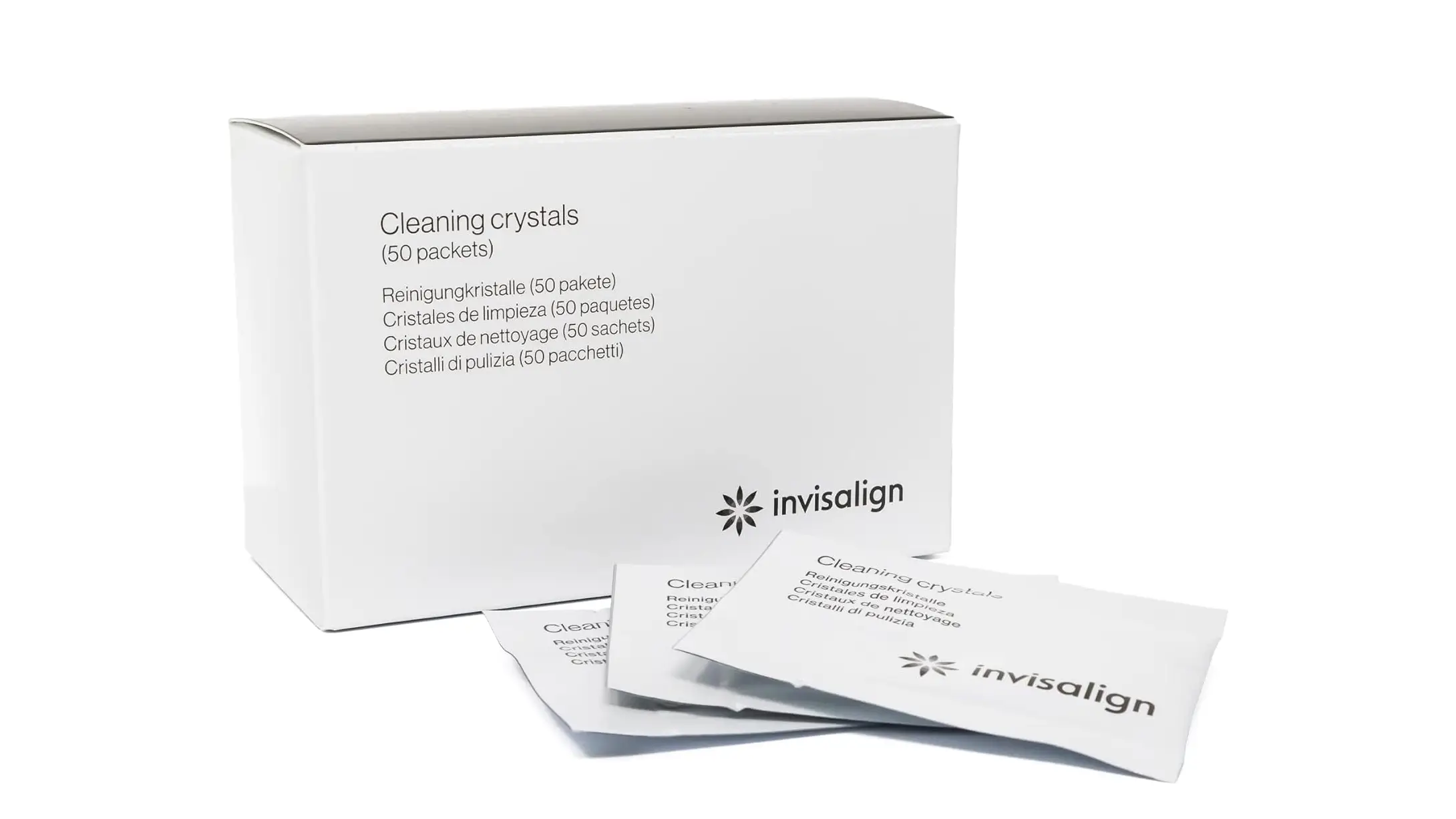 Box of Invisalign Cleaning Crystals used to help clean clear aligners and remove odor-causing buildup