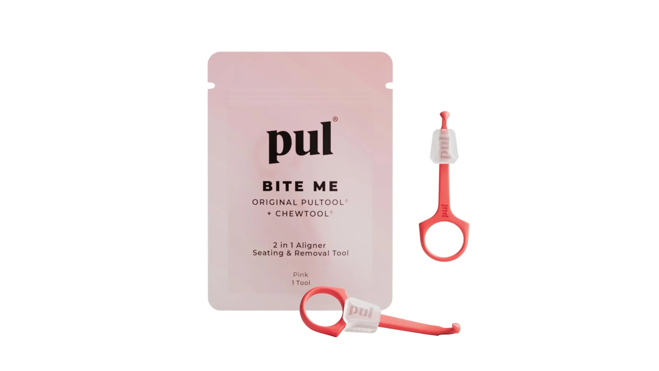 Pul Bite Me tool for seating clear aligners and removing tight trays more easily and hygienically
