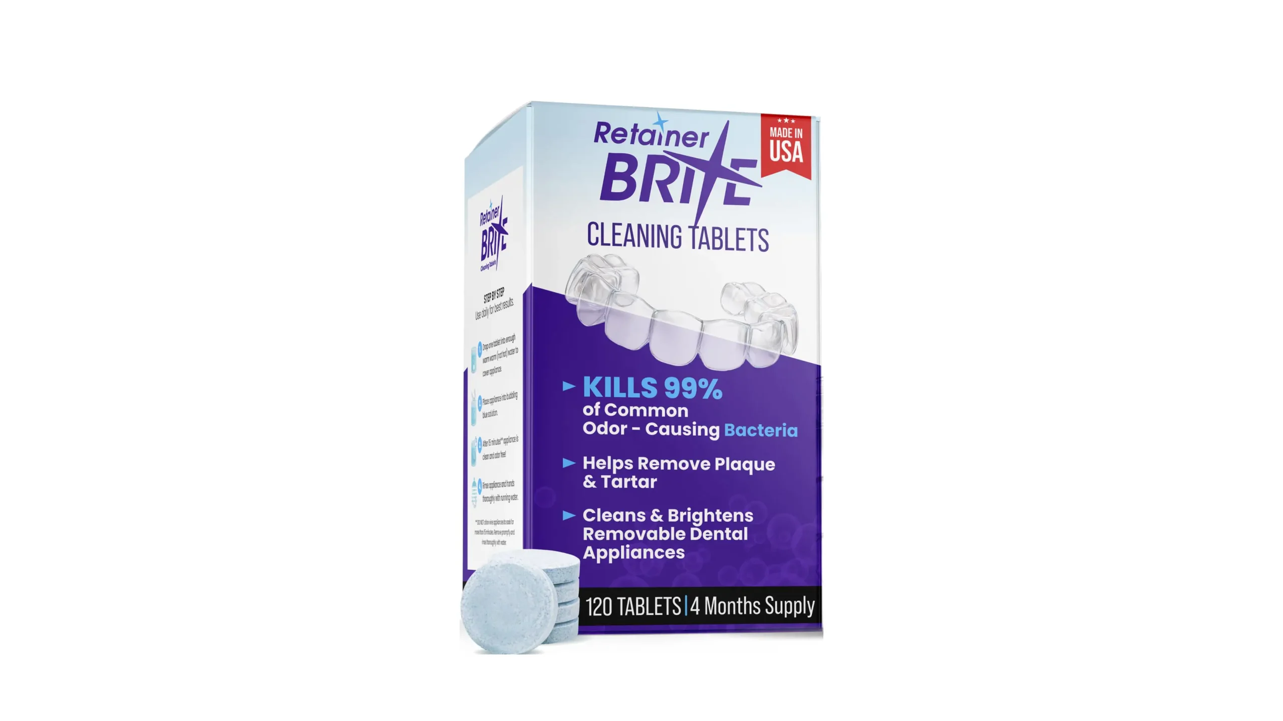 Retainer Brite cleaning tablets designed for cleaning retainers, clear aligners, and other removable dental appliances