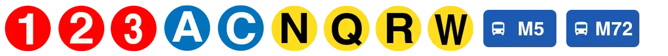 The following Manhattan subway trains can take you to this location: 1, 2, 3, A, C, E, N, Q, R, & W