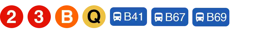 The following Manhattan subway trains can take you to this location: 1, 2, 3, A, C, E, N, Q, R, & W